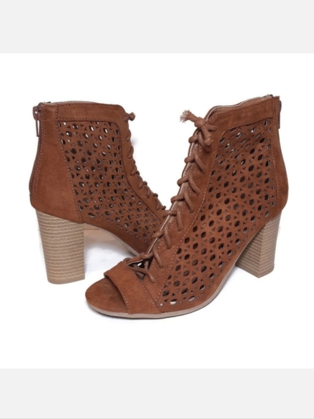💠QUPID Faux Suede Open Toe Ankle Bootie Laser Cut Chunky Block Heel